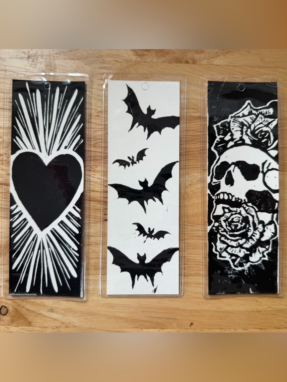 Linocut Bookmarks. Original art.
Heart, bats, skull bundle.